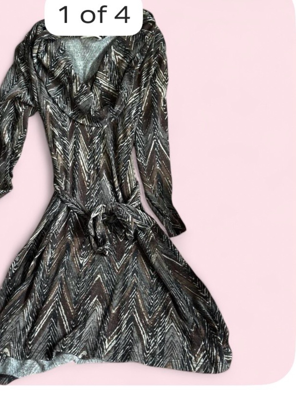 Brown Chevron Long-Sleeve Belted Dress